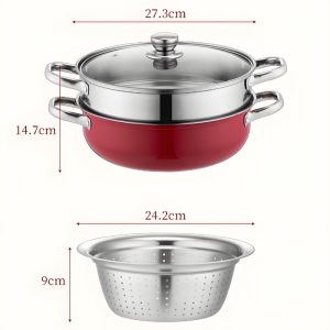Red Stainless Steel 3 Piece Steaming Hot Pot and Rice Basin Set